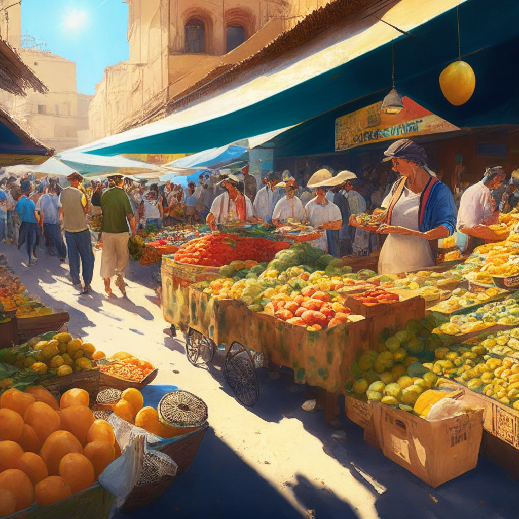 Argentine market scene with dairy products, USDT stablecoin exchange, diverse customers and sellers, lush fruits and vegetables, warm sunlight, vivid colors, evoking financial freedom, secure atmosphere, hints of blockchain technology, contrast of traditional and modern aspects, hope amid economic instability. (329 characters)