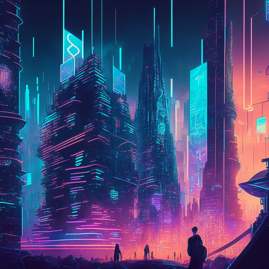 Intricate cityscape with futuristic financial institutions, traders using holographic platforms for transactions, soft twilight hues, cyberpunk aesthetic, dynamic angles reflecting the fast-paced crypto economy, a blend of optimism & skepticism in facial expressions, contrasting stability & volatility symbols, glowing pulses symbolizing blockchain connections.