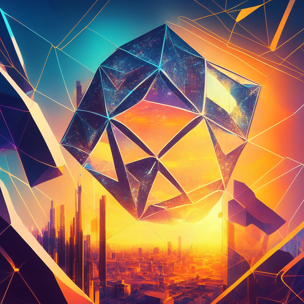Starknet framework, Ethereum network, DeFi scalability, zero-knowledge rollups, layer-2 technology, bustling digital city, optimistic atmosphere, radiant sun setting, sleek futuristic architecture, data stream in the sky, energetic vibe, abstract geometric design.