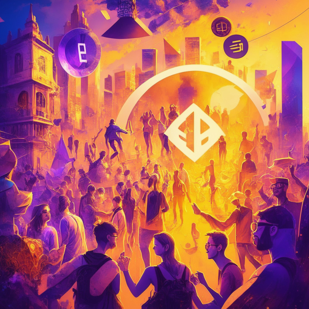 Ethereum-scaled social tokens platform, energetic artistic style, lively metaverse gathering, diverse creative community, golden-hour lighting, vibrant color palette, sense of camaraderie, welcoming mood, potential for financial growth, focus on safety and transparency.