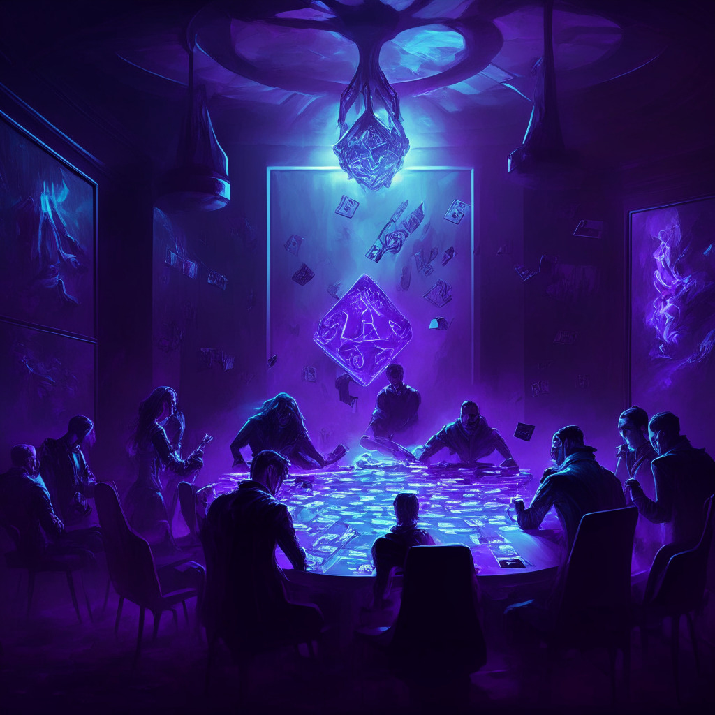 Ethereum network backdrop, digital art gallery, high-stakes poker table, diverse group of artists, venture capitalists, glowing NFTs, intricate lighting accentuating tense atmosphere, haze of risk, excitement and potential loss, chiaroscuro artistic style, subtle contrast between wealth and gamble, mood of uncertainty and curiosity. (350 characters)