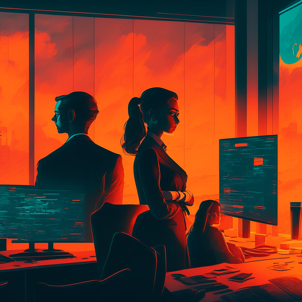 Atmospheric fintech office, crypto investments on monitors, alluring blockchain art, contrasting colors, evening warm glow, a blend of skepticism & optimism, energetic & contemplative vibe, traditional finance & innovative tech merging, elegant futuristic attire, facial expressions reflecting deliberation on investment potential.