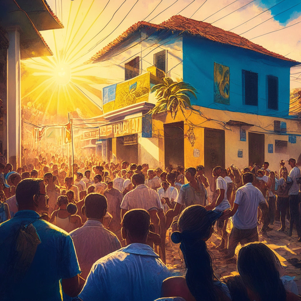 El Salvador street scene, digital payment adoption, artistic touch with vibrant colors, beams of golden sunlight, relaxed and hopeful mood, CEO speech with crowd listening intently, contrasting U.S. regulatory uncertainty, cryptocurrency symbols integrated into landscape, sun setting on a thriving crypto ecosystem.