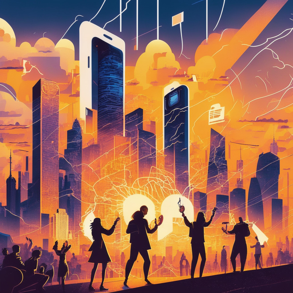 Intricate city skyline with diverse architectures, people from different countries holding smartphones displaying a payment app, bright lightning bolts connecting buildings in the background, sunset hues casting a warm glow, a sense of financial freedom and connection in the air, contemporary art style, dynamic and expectant mood.