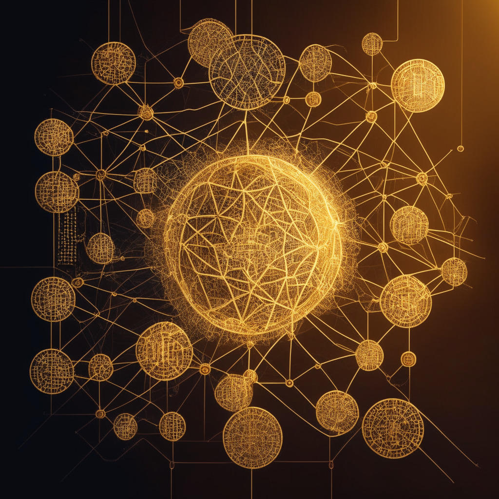 Intricate web of currency connections, traditional finance merging with crypto, warm golden hues, fluid motion of wealth transfer, technological elements, Lightning Network & Tether stability, users confidently navigating digital landscape, sense of innovation and accessibility, cautiously optimistic atmosphere.