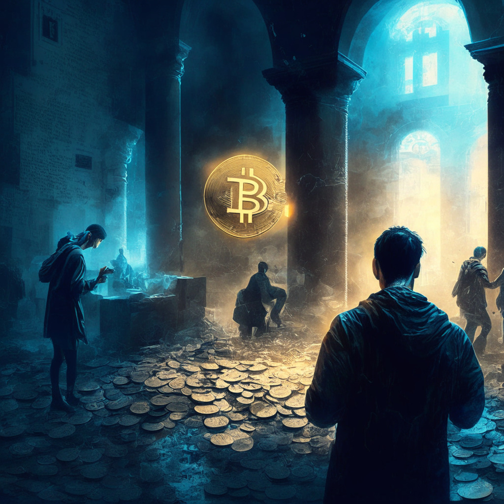 Mysterious crypto transfer scene, crumbling exchange in the background, vibrant blockchain in the foreground, chiaroscuro lighting, striking contrasts, uneasy atmosphere, slight optimism, tokens flowing into a digital wallet, hints of transparency, investigating characters, open and balanced perspective.