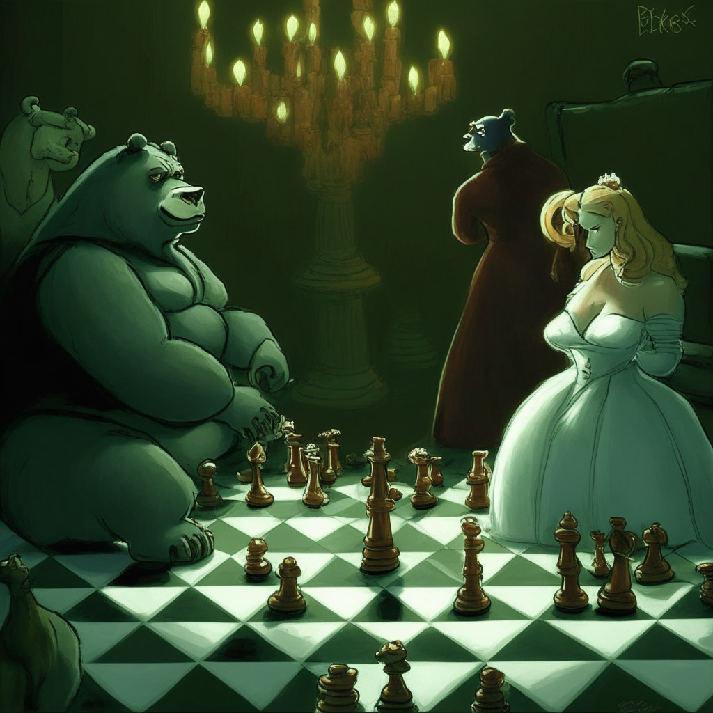 Crypto market shift, PEPE to Milady Meme Coin (LADY), Elon Musk's possible influence, massive LADY investments, 10,000% price surge, skepticism & investor risks. Scene: Intense chess match between bulls & bears, artistic chiaroscuro lighting, moody atmosphere, lady-like cartoon figure observing from afar, visual reminder to research before investing.