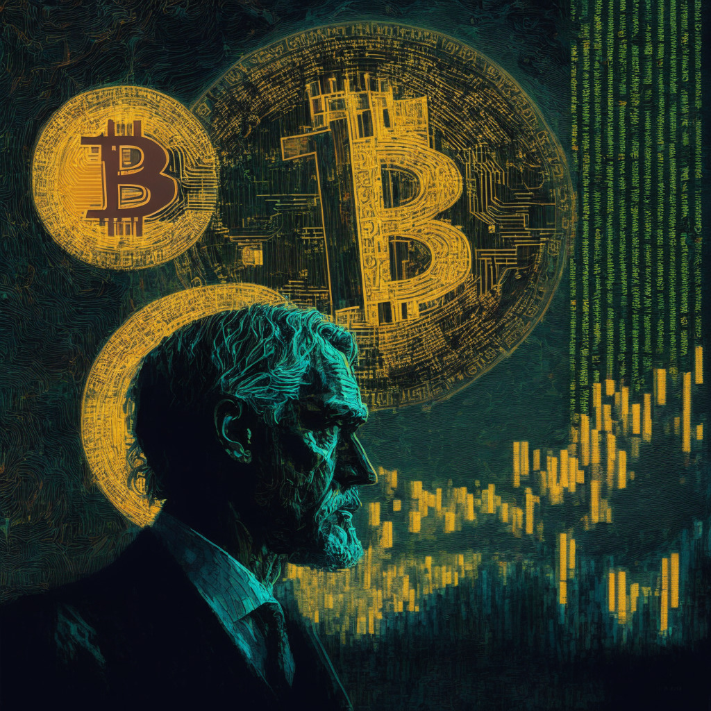 Intricate blockchain design, Bitcoin fluctuating near $27k, tense traders watching US debt ceiling, uncertain market mood, chiaroscuro lighting, hazy Jerome Powell silhouette, DXY chart dipped, van Gogh-inspired bold strokes, hopeful glimpse of future highs.