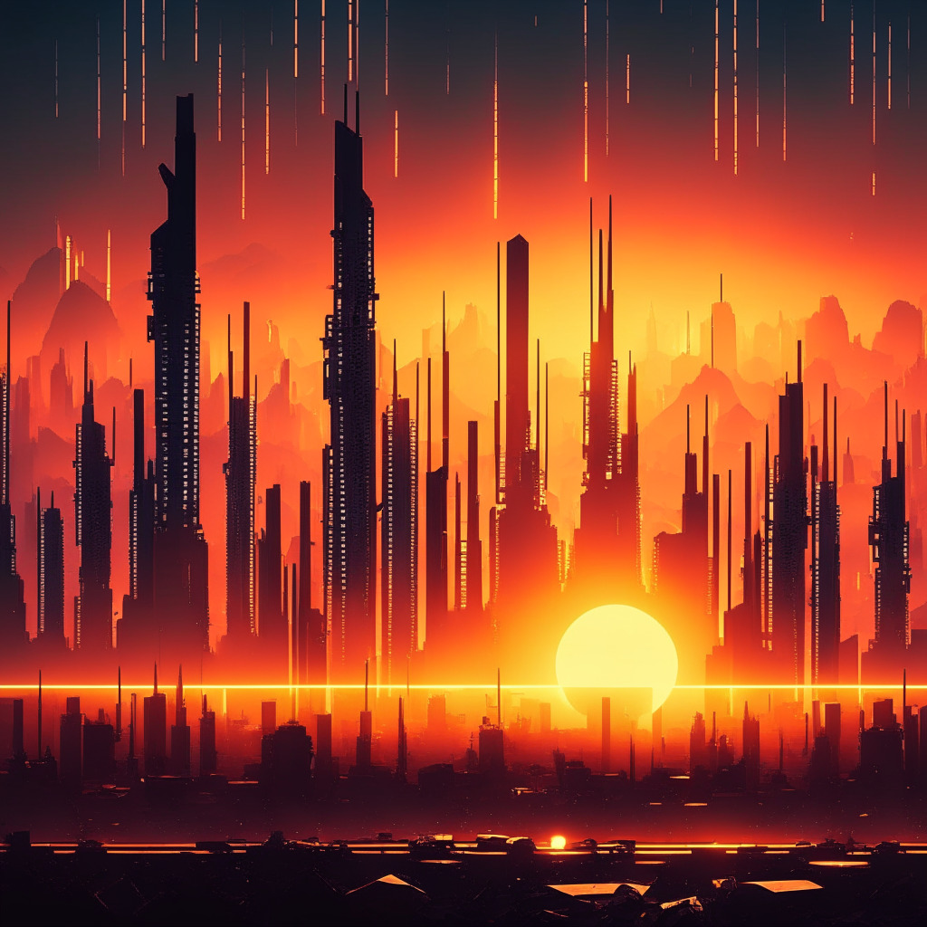 Sunrise over futuristic city, Bitcoin miners in silhouette, Ordinals protocol-inspired geometric tokens scattered, hint of cyberpunk aesthetics, warm glowing lights, holographic memes showcasing value spikes, Lightning Network symbol on skyline, blend of optimism & unease, hidden layers of innovation.