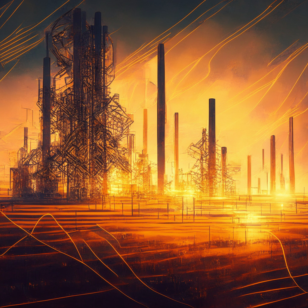 Intricate crypto mining scene, warm golden glow, evening light, impressionist style, blend of optimism and skepticism, lively data center, futuristic Texas landscape, swirling streaks of energy representing revitalized growth, contrast between flourishing industry and lurking uncertainty.
