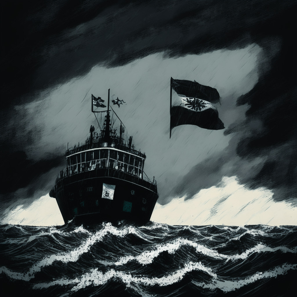 Dark stormy sky, Indian crypto exchanges on a rocky boat, adapting to high waves of taxes, international platforms far away, calm waters, G-20 flag, innovation light piercing through, somber mood, neo-expressionism art style, shadows hinting regulations, determination in the face of adversity.