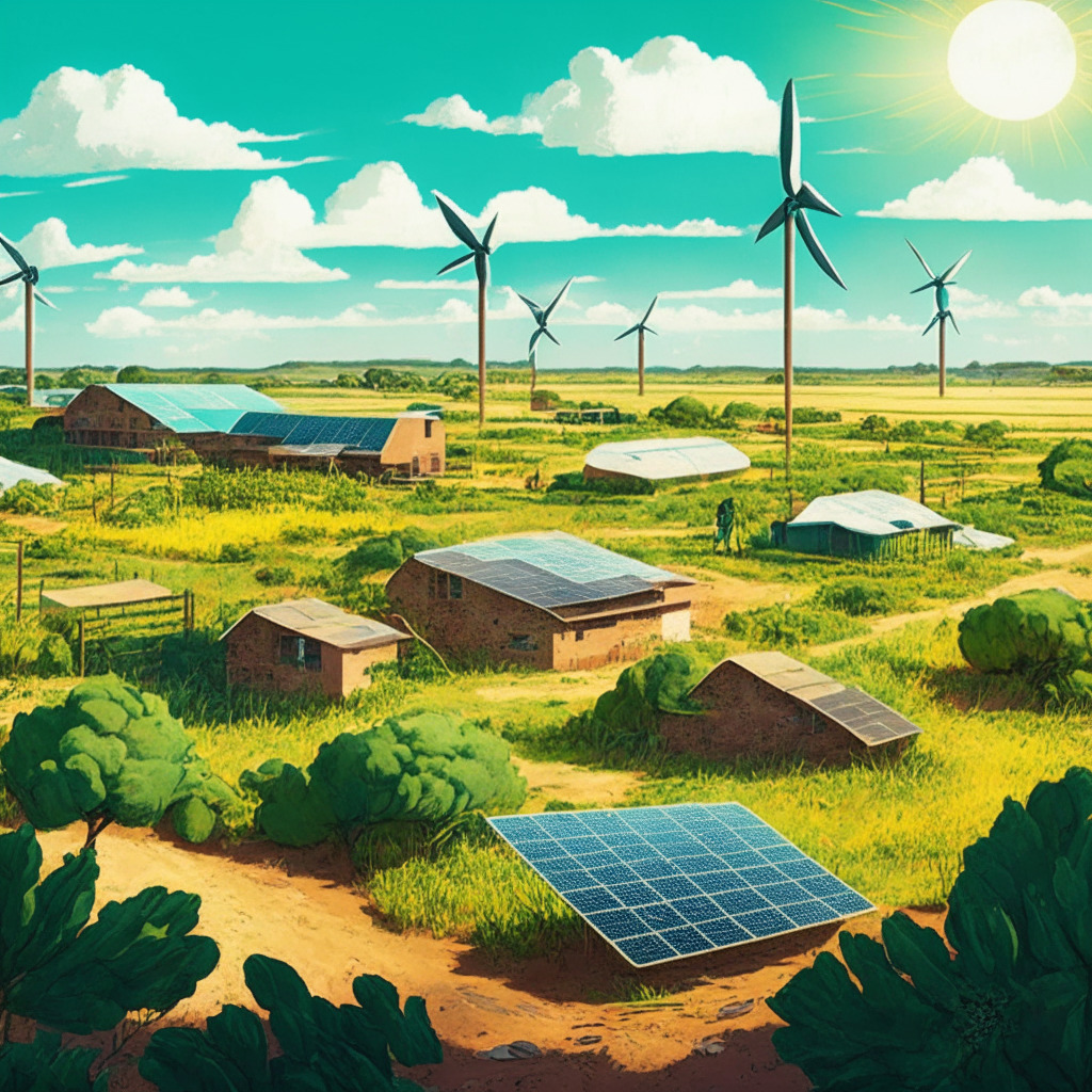 Uruguayan landscape with renewable energy sources, Bitcoin mining facility, happy local community members, green lush surroundings, sunlight breaking through clouds, warm and hopeful color palette, hint of a thriving economy, artistic blend of technology and nature, serene environment, harmonious balance of crypto-mining and ecological preservation.