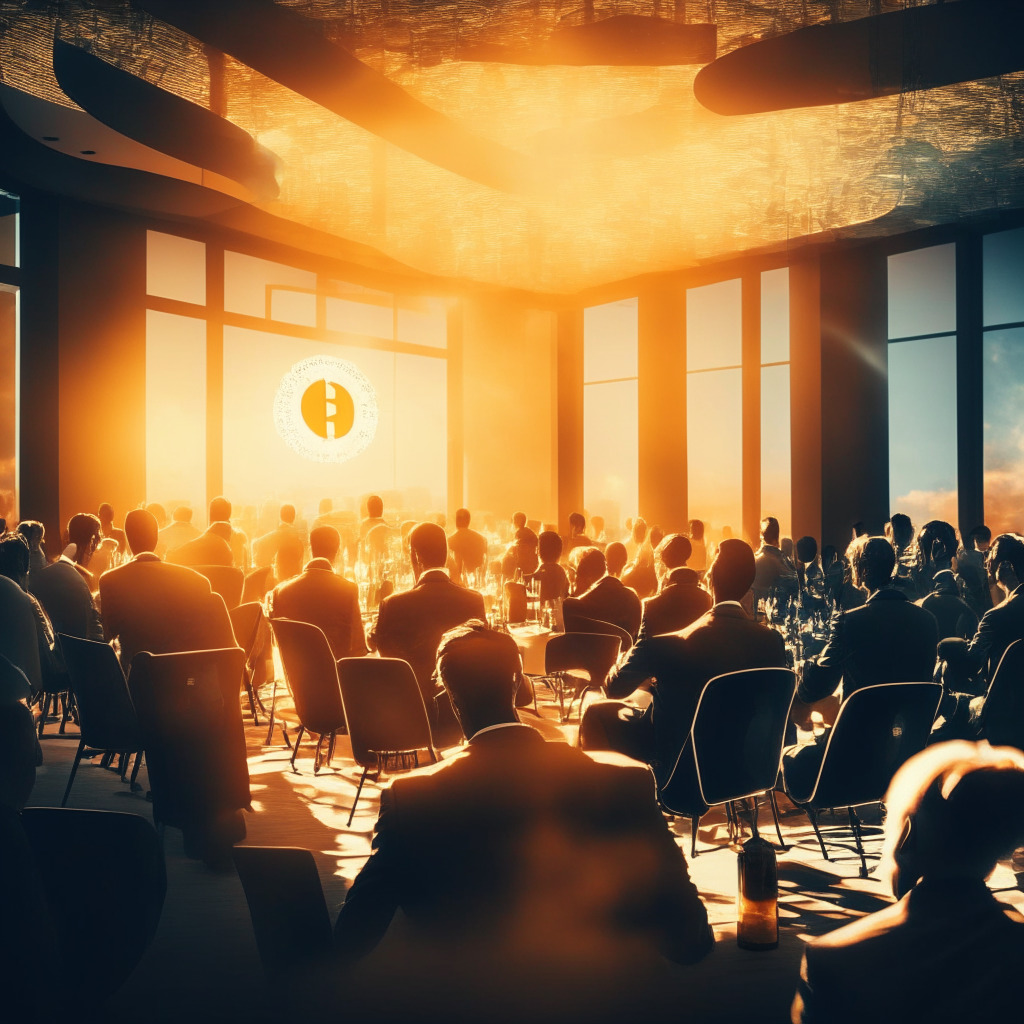 Dramatic conference scene bathed in warm light, speakers engaged in discussion, hint of blockchain and Bitcoin patterns, dynamic energy flow, mood of innovation and collaboration, focus on security and energy implications, futuristic feel with PoS and Bitcoin effortlessly merged, sense of excitement over future applications.