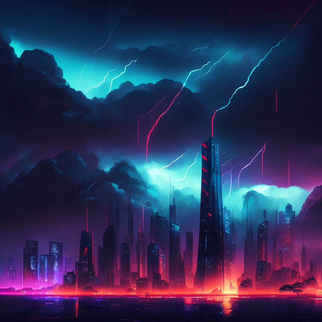 Futuristic city skyline with Tron-style neon, US and Hong Kong flags, balance scale, celebratory fireworks, storm clouds looming, warm vs cool lighting contrast, mixed impressionistic and realistic style, hopeful yet cautious mood. (350 characters)