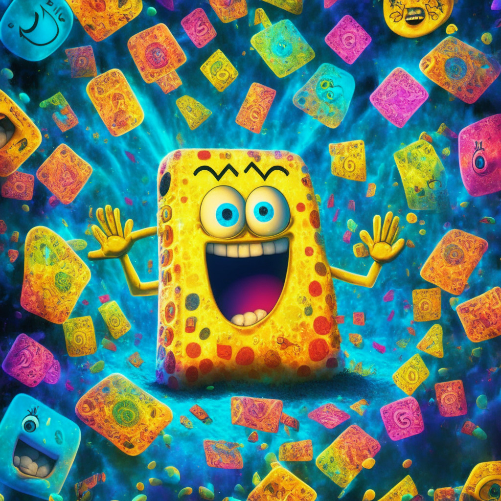 Surreal Tamadoge-SpongeBob union, Web3 gaming scene, vibrant colors, popular memes merge, hundreds of unique active wallets dispersed, light rays symbolizing 70% token gains, mood of crypto enthusiasm, magical mobile app portal, email authentication ease, hint of risks amidst success.