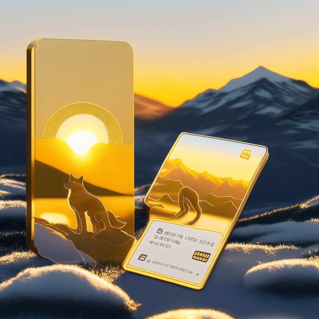 Crypto cold wallet in metallic card form, Shiba Inu-themed design, smartphone-compatible interface, Swiss alpine landscape, golden glow from the sun setting, sleek, futuristic aesthetic, DeFi applications with NFTs, and DEXs icons, secure and user-friendly vibe, smart backup feature represented by multiple cards, shifting market chart in the background, air of anticipation and curiosity.