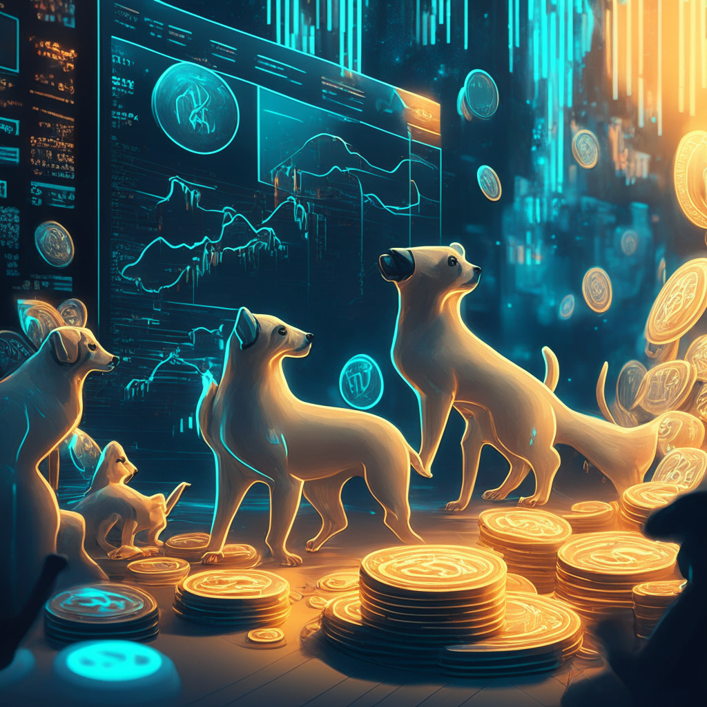 Digital asset exchange scene, intricate trading pairs, BONE & BABYDOGE, 08:00 UTC, animated tokens amidst a market, light, balanced contrast, lively textures, tokens' liquidity growth and price fluctuations, cautious optimism, vivid and dynamic digital art style, futuristic market motion.