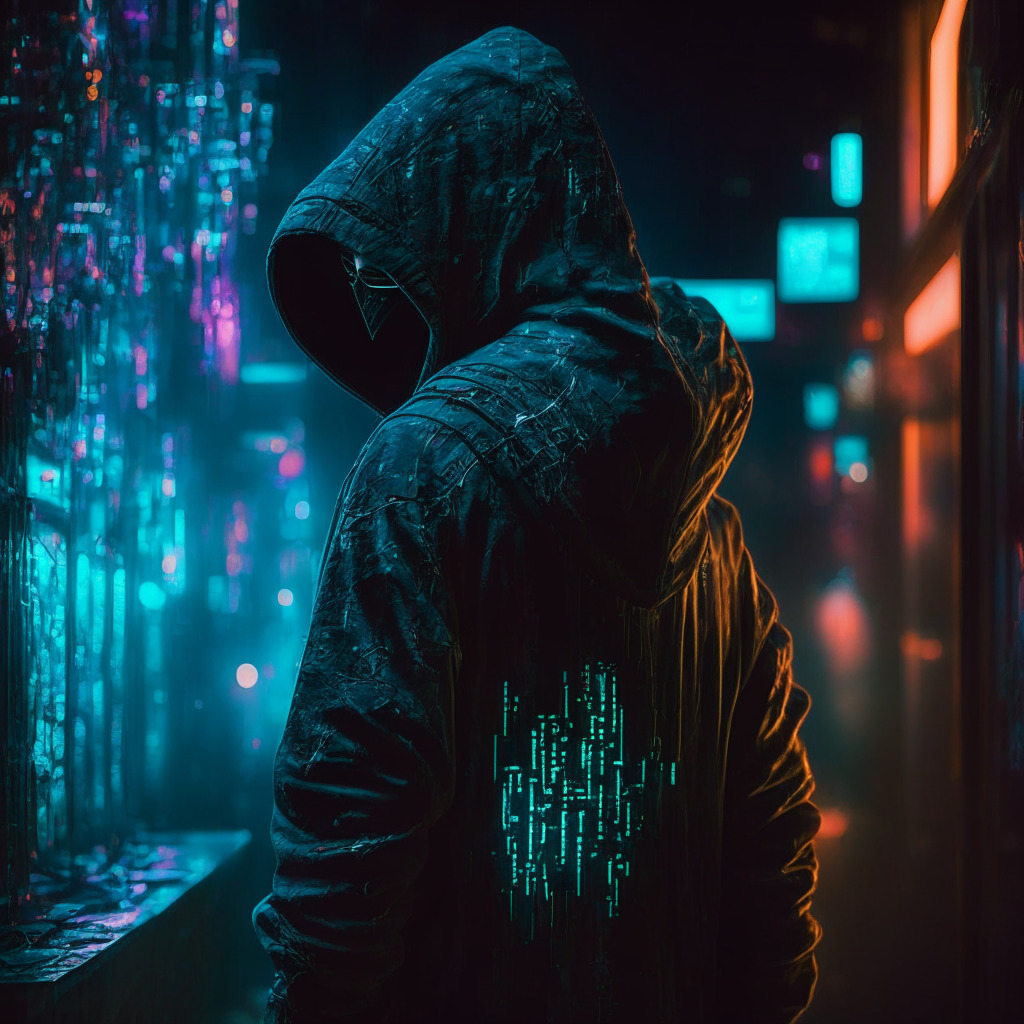 Intricate cyberpunk scene, dimly lit urban setting, glowing neon lights, anonymous figure wearing a hoodie with a holographic mask, macOS device with camera active, shadowy hacker figure in the background, tense mood, deep contrast, delicate balance between security and vulnerability.