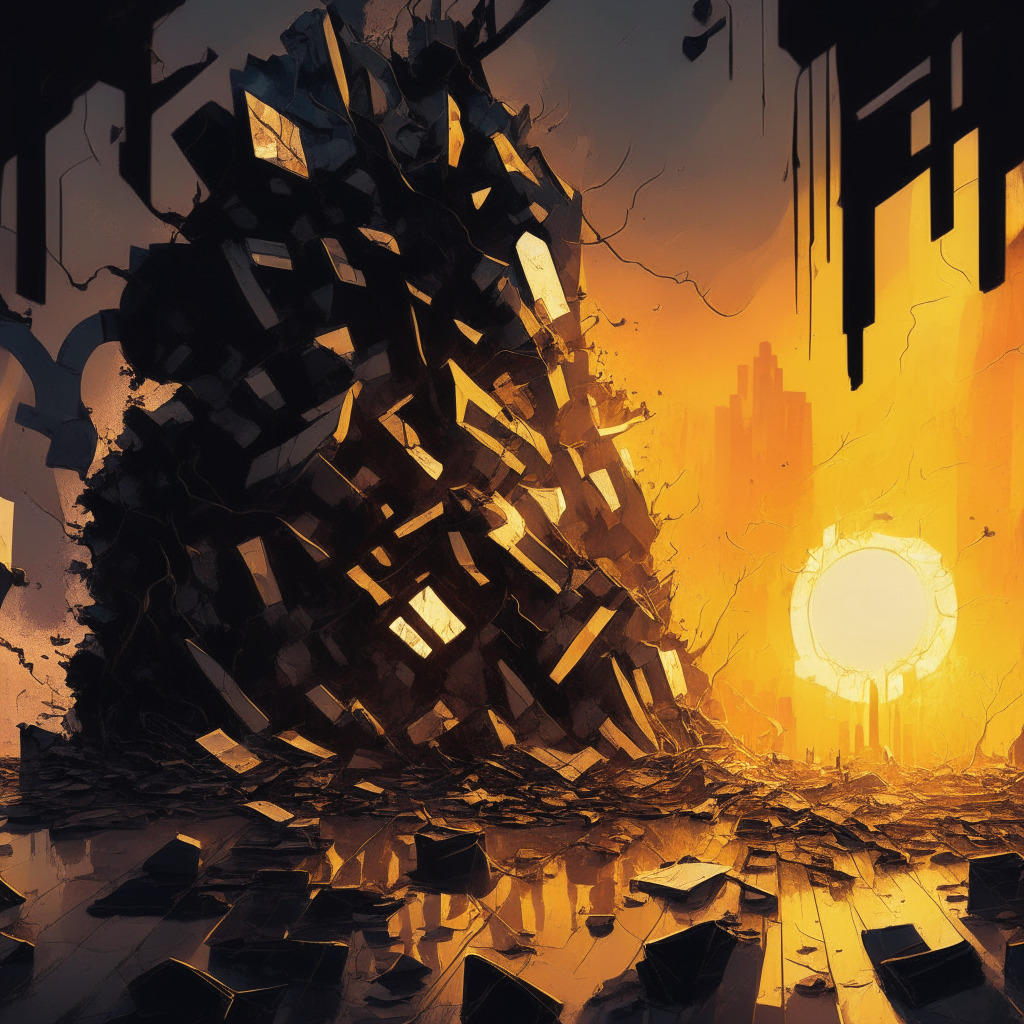 Sunset over a collapsing crypto exchange, balanced scales tilting, Temasek Holdings executives, eroding gold coins, chaotic abstract art style, contrasting darkness and light, somber mood, grey hues, smoldering embers, an aura of caution and scrutiny, maze-like blockchain structures, looming risk and reward in the shadows.