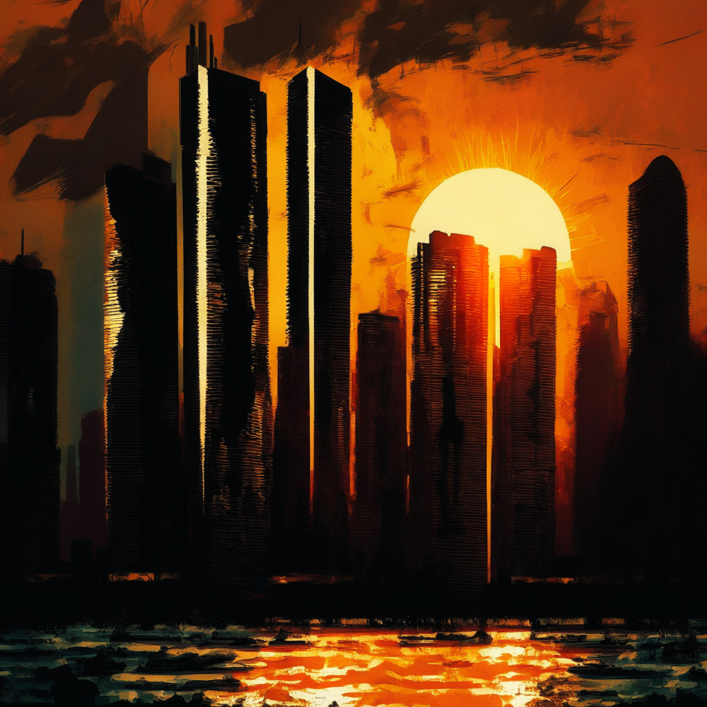 Sunset over Singapore skyline, Temasek office in shadows, abstract crypto symbols in turmoil, tense ambiance, chiaroscuro lighting, oil painting style, focus on financial loss & reputational impact, cautionary tale, dramatic mood. (349 characters)