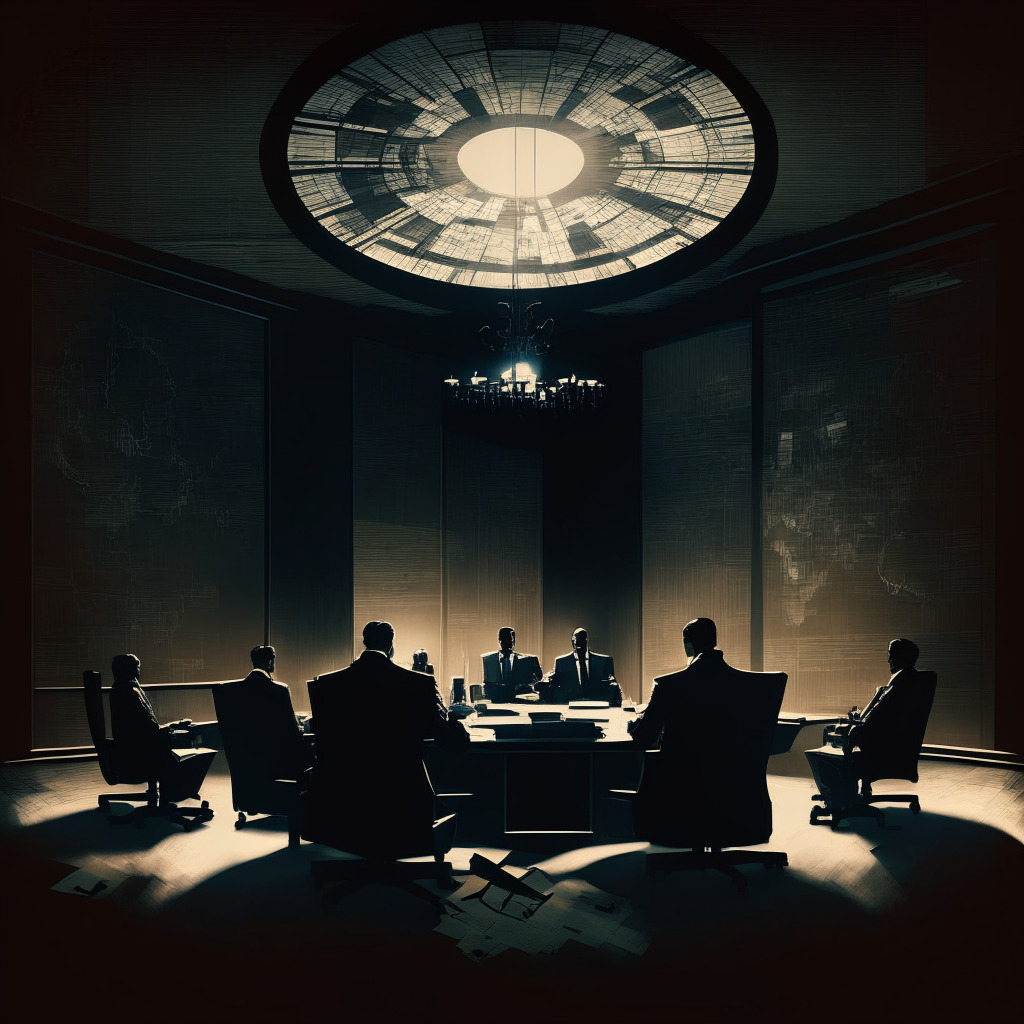 Intricate boardroom scene, diverse executives contemplating decisions, somber mood, dimly lit meeting space, abstract financial charts on walls, intense expressions of accountability, contrasting shadows and light, hint of Asian-inspired décor elements, subtle fractured crypto coin motif.