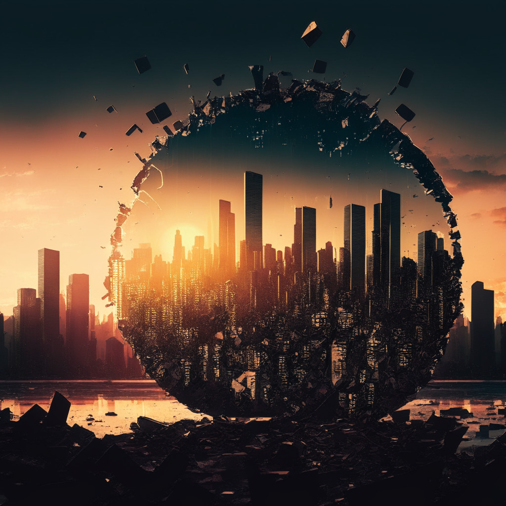 Sunset over a futuristic cityscape, blockchain patterns in the sky, a massive shattered coin representing a collapsed crypto exchange, somber-faced investors in the foreground, muted colors, low light casting dramatic shadows, melancholic mood, delicate balance between innovation and protection.