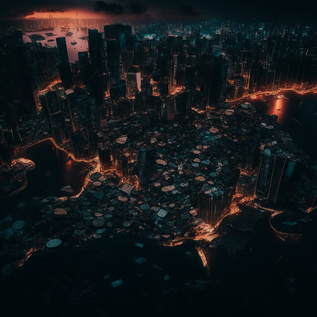 Aerial view of Singapore's cityscape at dusk, piles of cryptocurrency coins amid wreckage, team analyzing risk and conducting due diligence, moody dark hues, chiaroscuro lighting, high contrast, sense of caution and accountability, feelings of disappointment and potential, essence of learning in the complex crypto world, 350 characters.