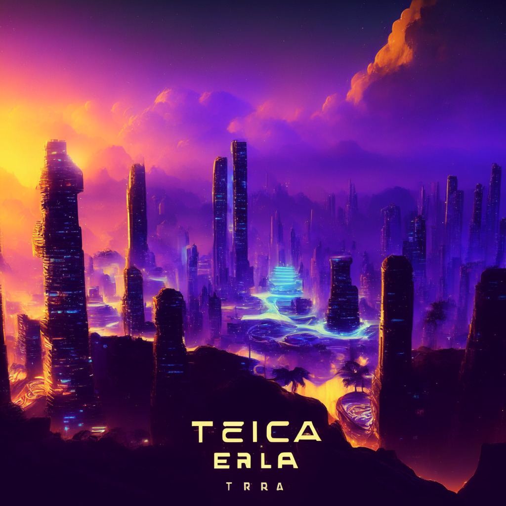 Twilight setting over futuristic city, Terra Classic Blockchain v2.0.1 text floating, gleeful developers celebrating, LUNC coin glowing after a 3% surge, artistic blend of vivid colors, soft light casting gentle shadows, creative juxtaposition of technology and nature, atmosphere of progress and optimism. (325 characters)