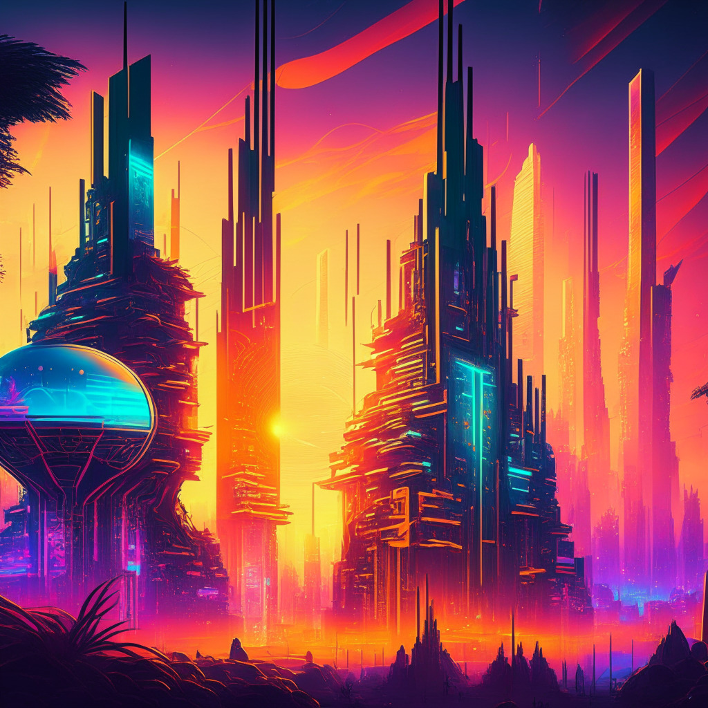 Futuristic digital cityscape with vibrant colors, staking and burning symbols, intense light from a setting sun, Art Deco-meets-cyberpunk style, mood of transformation and optimism, focus on a community gathered, building structure reflecting intricate staking ecosystem, holographic charts depicting rising LUNC value.