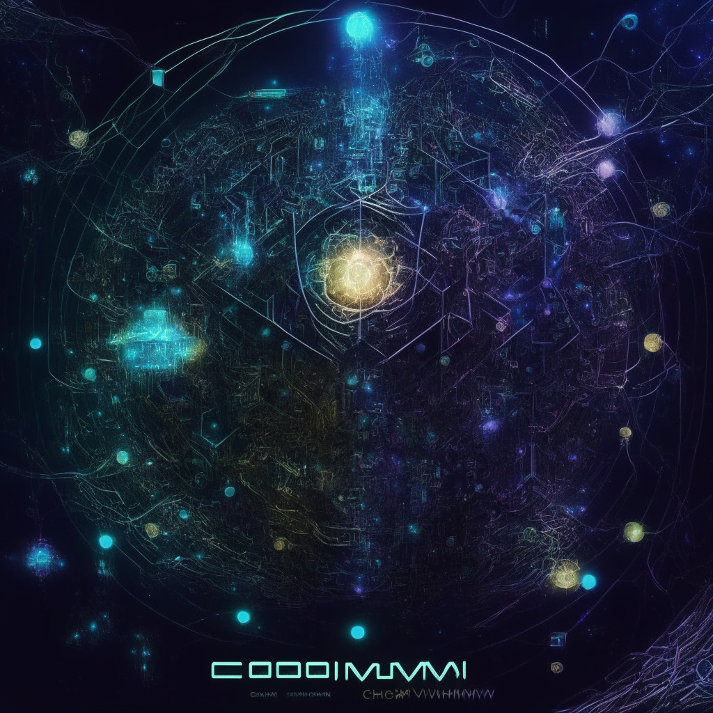 CosmWasm v1.1.0 upgrade, blockchain ecosystem, Terra-LUNA crisis, blockchain interconnectedness, smart contracts, intricate circuitry, futuristic digital realm, soft ambient lighting, hints of metallic surfaces, energetic and hopeful mood, progress and innovation, expanding possibilities, abstract cybernetic elements.