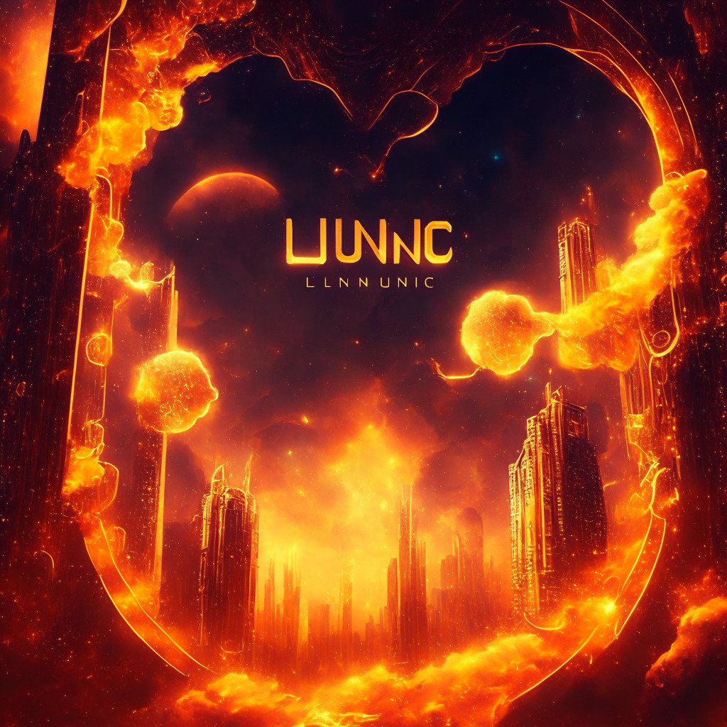 Crypto inferno: LUNC tokens ablaze, celestial background, thriving futuristic city in the cosmos, dynamic market trends, deflationary DeFi protocol, optimistic atmosphere, golden hues reflecting growth, intergalactic vibes, interconnected chains, a renewed sense of enthusiasm, cautious optimism for digital investment.