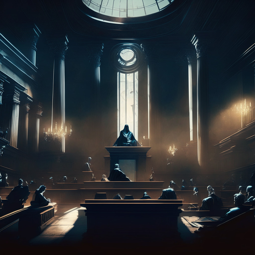 Ethereal courtroom scene, Terra co-founders on trial, intricate crypto background imagery, chiaroscuro light setting, Baroque artistic style, somber mood, tough new regulations shadowing, volatile market conditions. Scene must hint at uncertainty that could influence the future of the crypto landscape.
