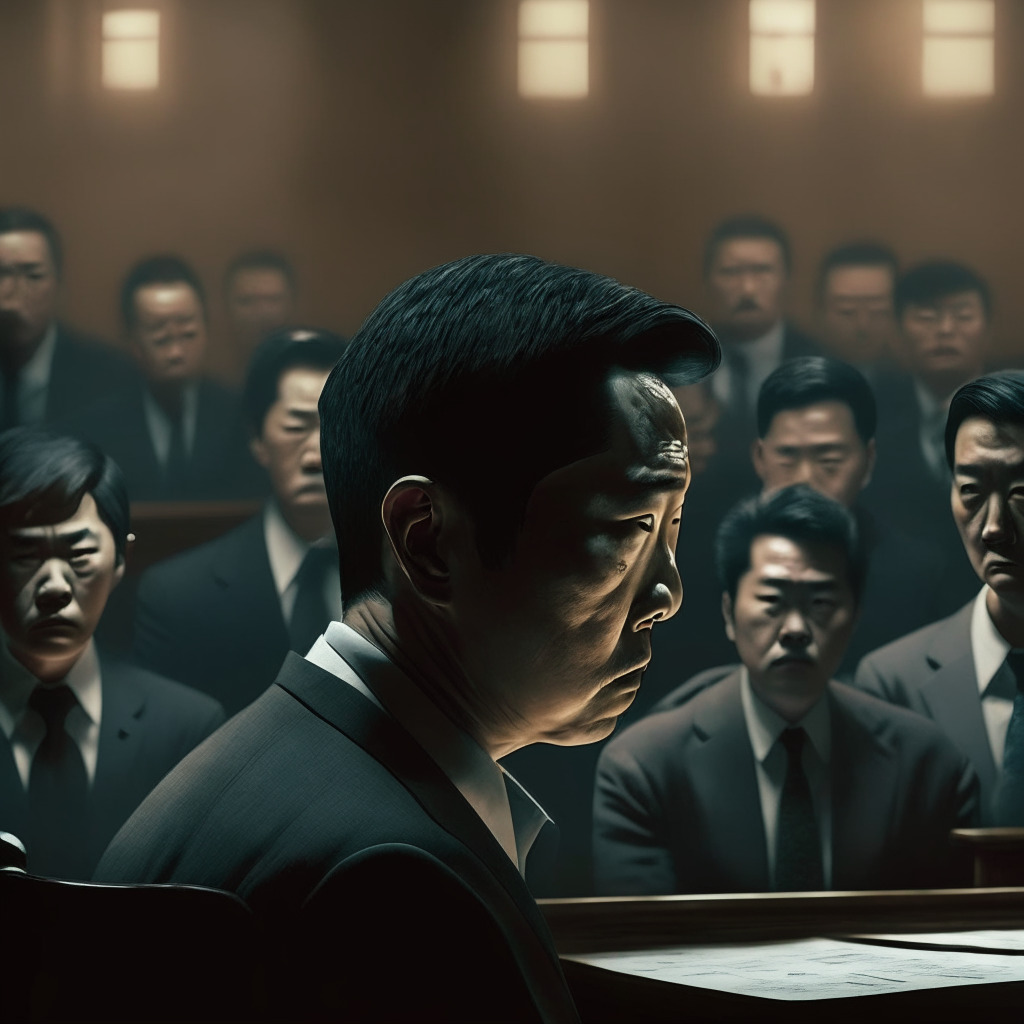 Intricate courtroom scene, somber lighting, Terra Labs co-founder Do Kwon in focus, Montenegrin judges and attorneys in the background, tense atmosphere, shadows cast over Kwon's face, 400,000 euros bail, hints of Terra Luna (LUNC) and TerraUSD (USTC) symbols, faded news headline on crypto regulations, overall mood of uncertainty and caution.