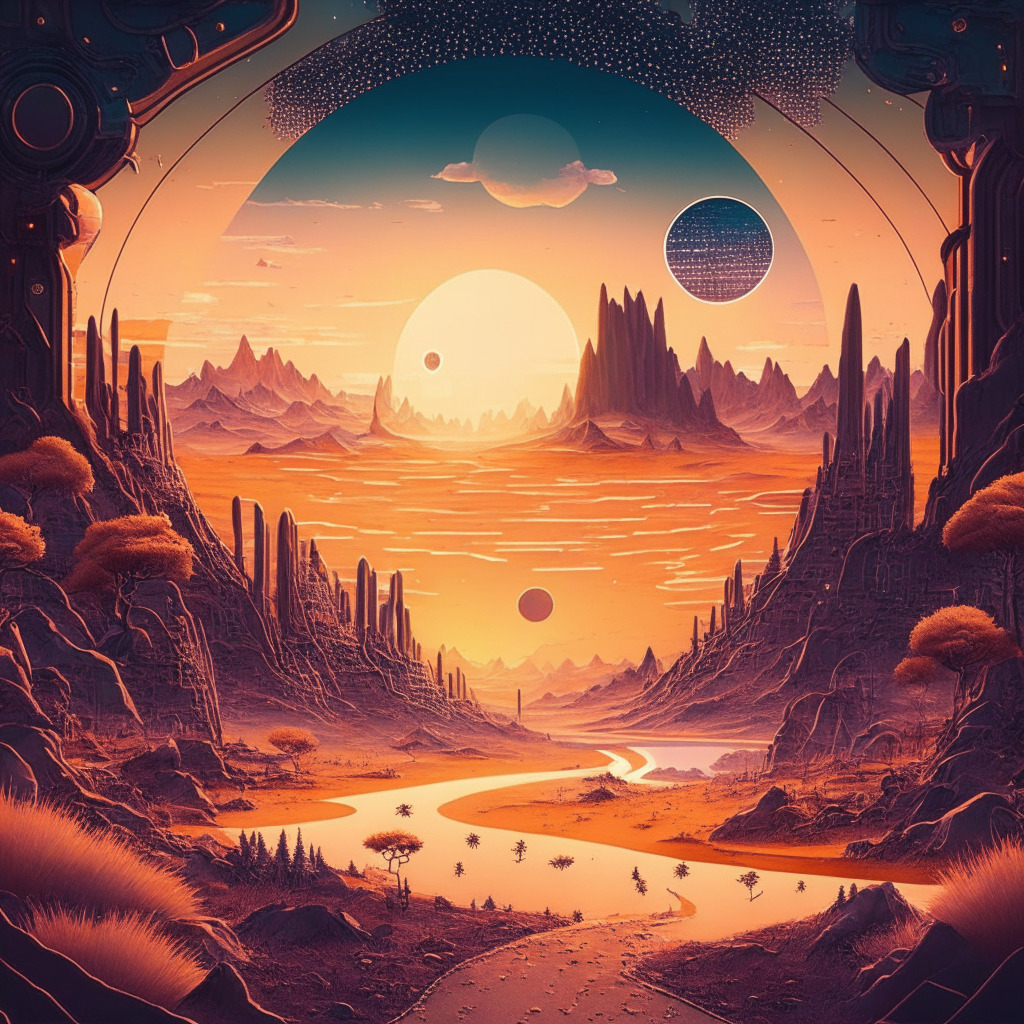 Intricate blockchain valley landscape, mix of warm & cool tones, futuristic design, hopeful sunset, Terra Luna Classic's rise surrounded by crypto community, hints of an incoming rally, alternatives as thriving new coins, touch of AI-empowered creativity, energized and expectant mood.