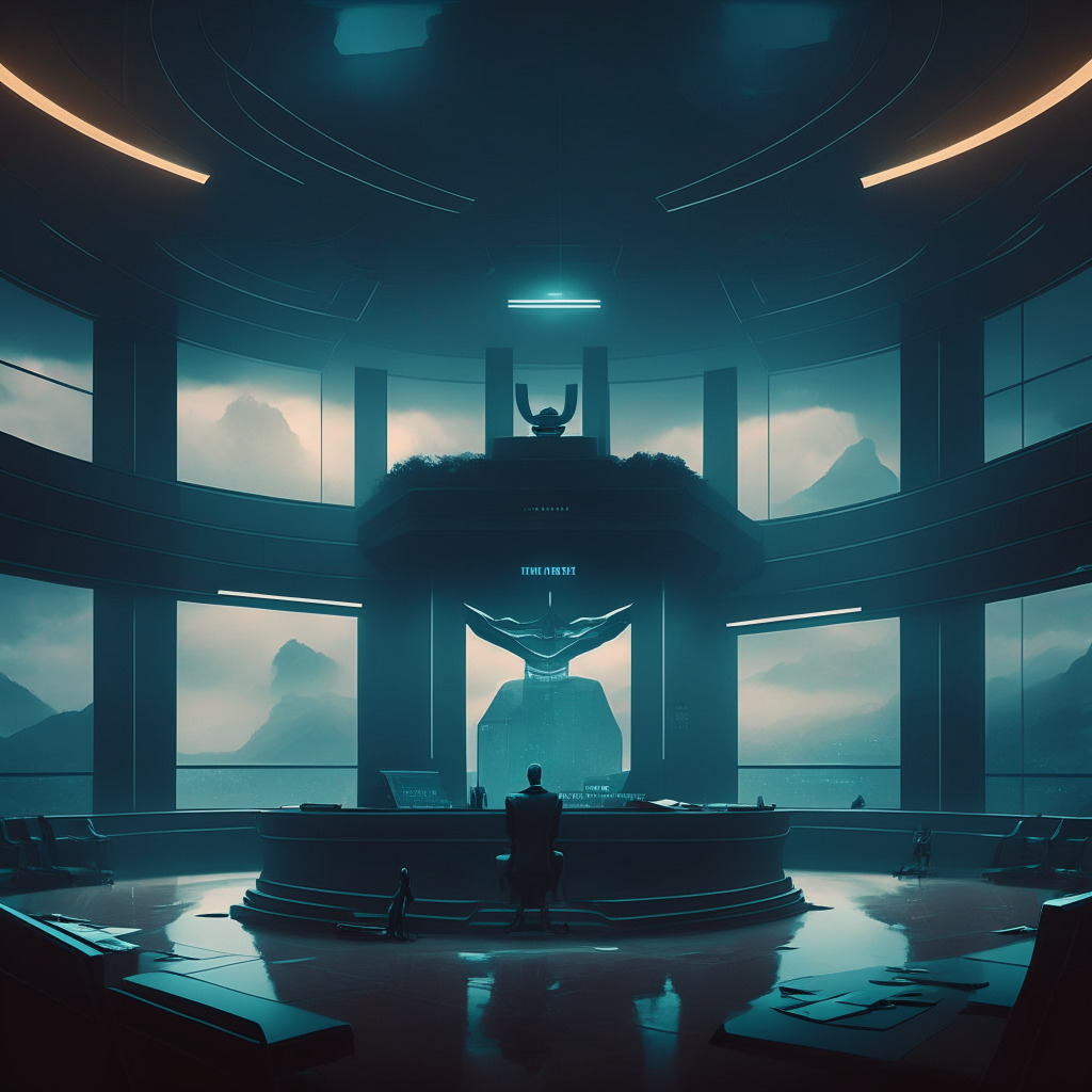 Futuristic courtroom, Terraform Labs founder Do Kwon, dramatic lighting, legal proceedings, Montenegro skyline, worried crypto community, blockchain technology, chains of regulation, delicate balance, somber atmosphere, muted color palette, chiaroscuro effect, uncertainty in the air.