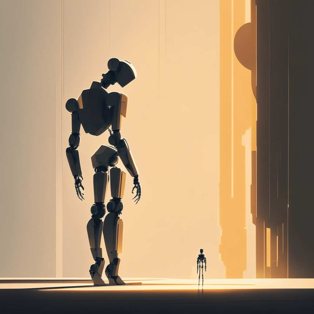 Futuristic robotic scene, Tesla humanoid bot performing tasks, warm tones, soft shadows, delicate movement lines, mood of curiosity and fascination, juxtaposed human worker, both in harmonious collaboration, minimalist art style, sense of progress and contemplation.