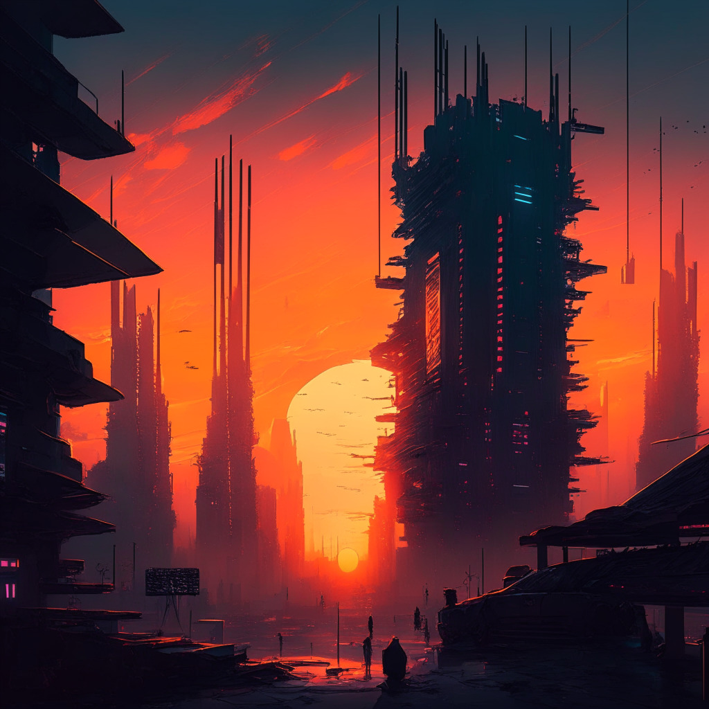 Sunset over a digital art marketplace, intricate cyberpunk cityscape, NFTs transforming into fractional tokens, blend of warm and cool tones, somber mood, focus on Tessera's closure, glimmers of hope for NFT evolution, hints of impressionist and futuristic styles.