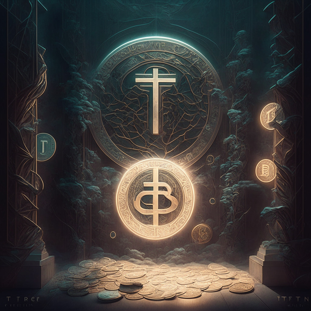 Ethereal artwork of Tether and Bitcoin integration, intricate financial elements, calm and confident mood, warm low-light setting, detailed digital currency tokens, contrasting traditional finance aesthetics with futuristic cryptocurrency visuals, subtle play of shadows and highlights.