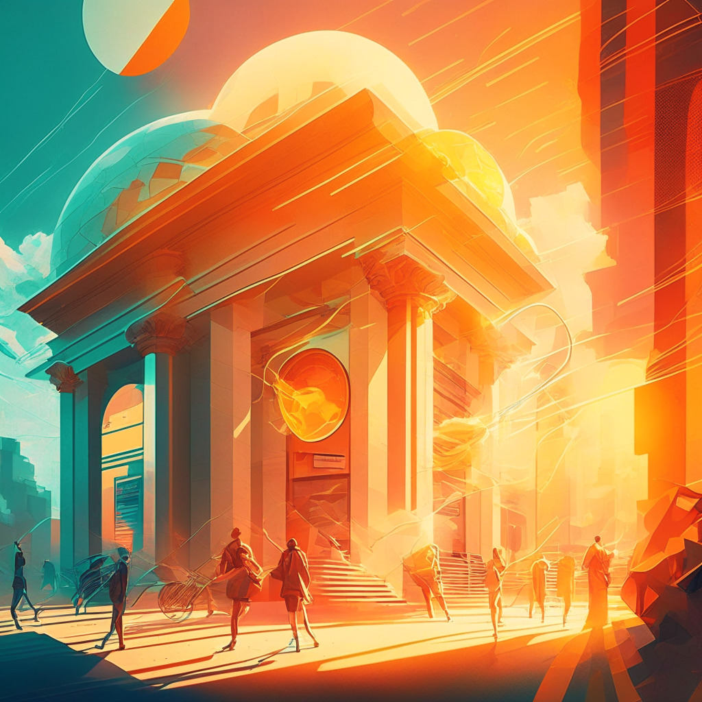 Sunlit private bank with Tether integration, bustling scene, warm color palette, futuristic blockchain aesthetic, AI-driven stability, hints of global adoption, touch of emerging economy enthusiasm, swirling energy consumption concern, balanced innovation & safety mood.
