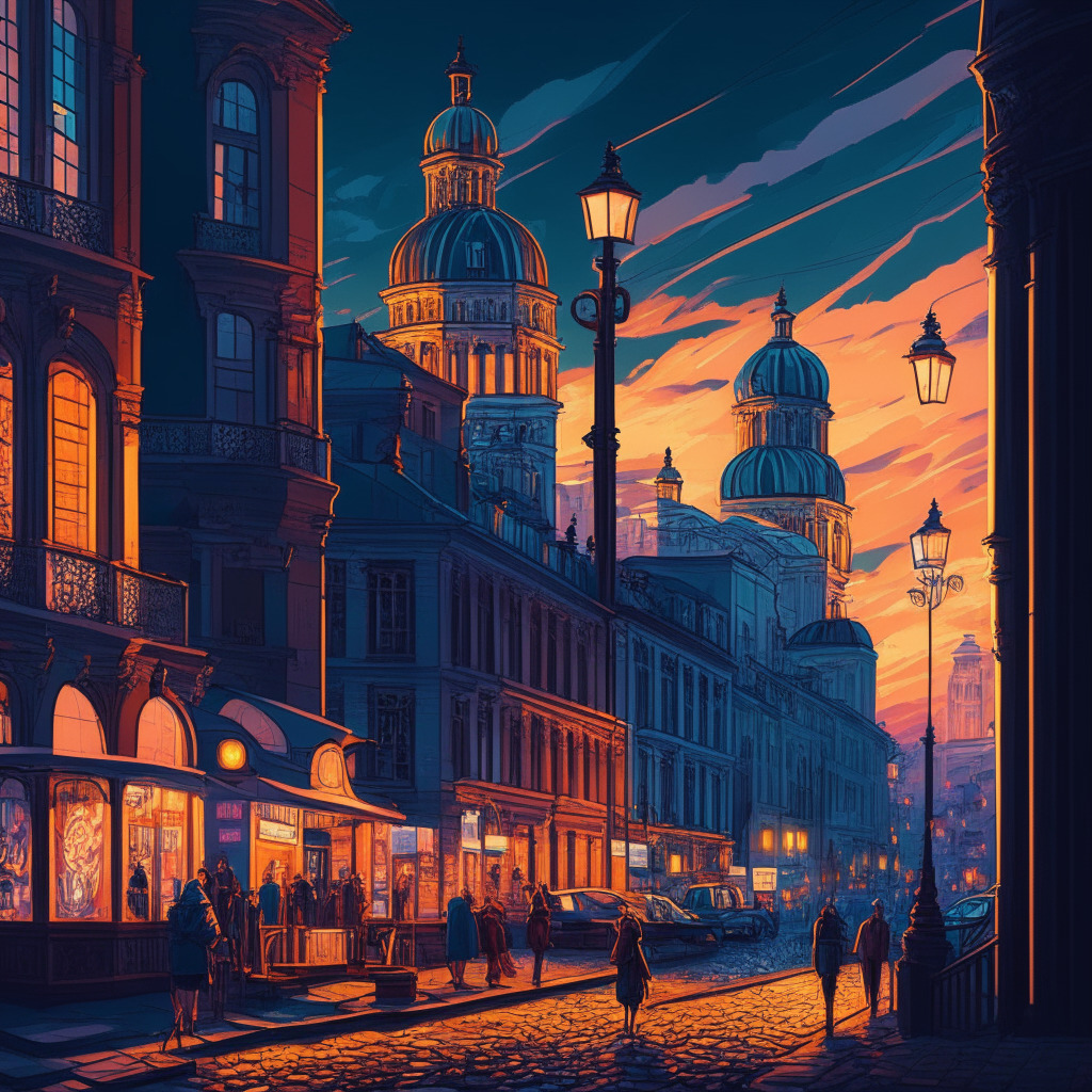 Intricate Georgian cityscape at dusk, warm glow of streetlights, a blend of traditional and modern architecture, bustling shops, restaurants, and hotels, people using digital devices for payment, hints of Tether USDT and CityPay.io logos, artistic contrast with vibrant colors, lively mood, reflection on growing crypto adoption, and changing stablecoin usage patterns.
