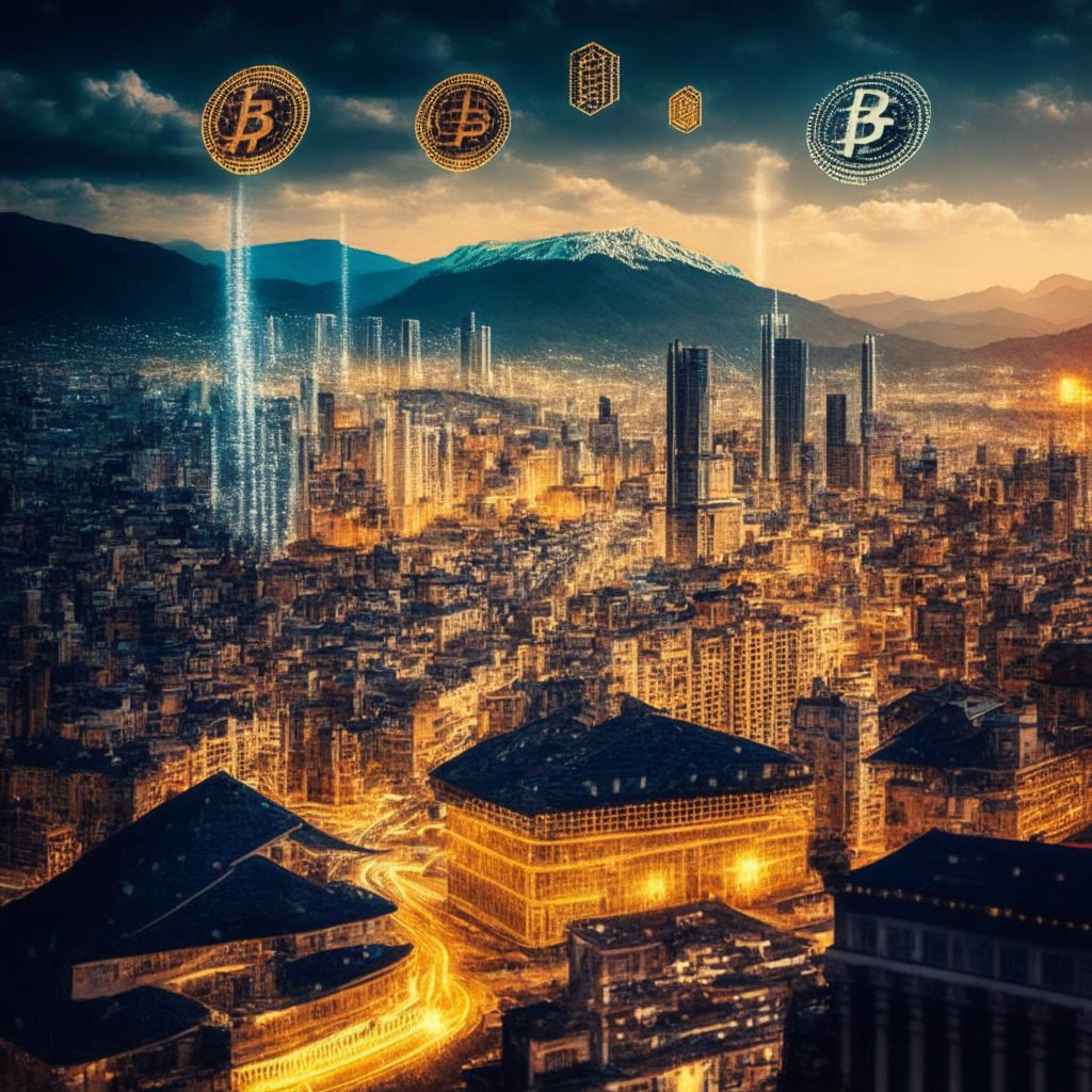 Cryptocurrency boom in Georgia, intricate technology hub, glowing advancements, embracing digital payments, dynamic regulatory landscape, moody skyline of Tbilisi, diverse business adoption, warm light of innovation, progressive policies, harmonious blend of old and new, pulsating energy, bridging financial ecosystems, intertwining global connections, excitement, and anticipation.