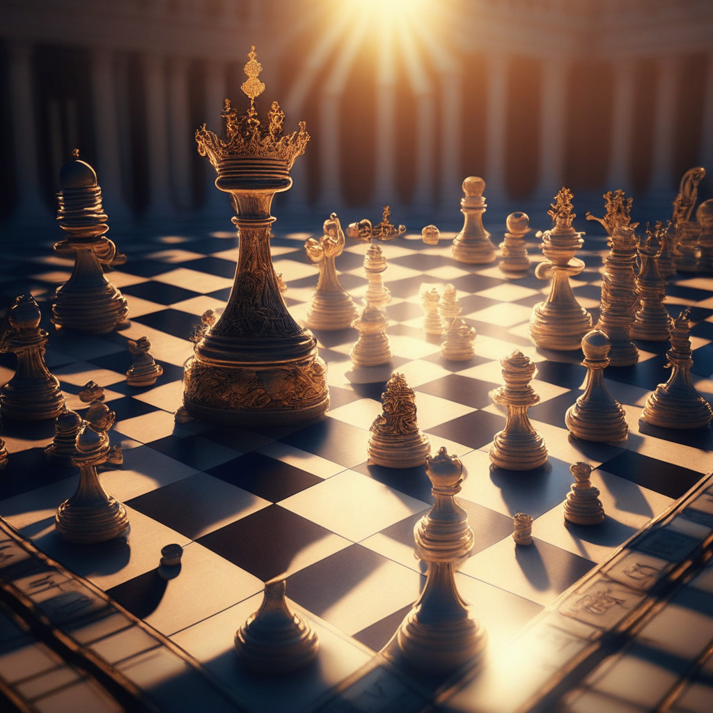 Intricate financial chessboard, Tether reducing banking risk, Ripple's SEC case triumph, sunlight pouring over the scene, Baroque style, soft color palette, a sense of victory and optimism, slight unease from Ledger Recover concerns, anticipating future growth and evolution in the cryptocurrency industry.