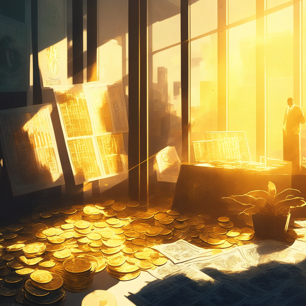 Cryptocurrency market scene, sunlit office with gold bars & BTC, abstract financial charts hovering, Tether stablecoin USDT in the spotlight, contrasting shadows hinting at transparency concerns, dominant mood of success with subtle undertones of uncertainty, blend of realism & impressionism.