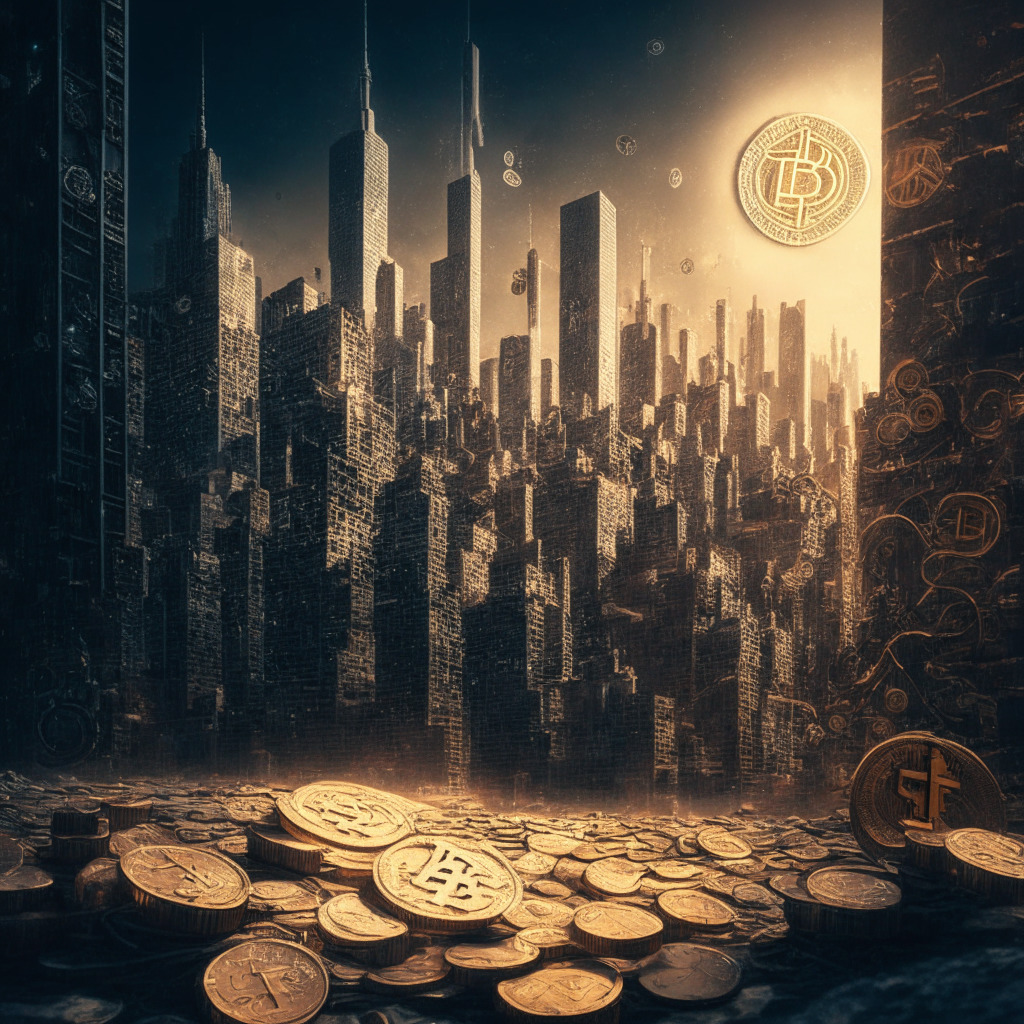 Intricate cityscape with cryptocurrency theme, Tether coins in foreground, diverse portfolio elements, subtle Bitcoin influence, chiaroscuro lighting, dynamic composition, future-oriented atmosphere, stablecoin regulation discussions in background.
