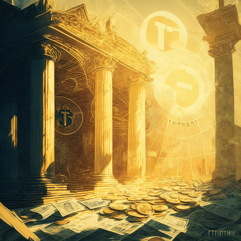 Intricate financial landscape, Tether's bank withdrawal & crypto stability, early morning sunlight, impressionistic art style, satisfied yet vigilant mood, US Treasury bills, gold & Bitcoin holdings, overcollateralized USDT, hint of social media debate, focus on transparency & growth.