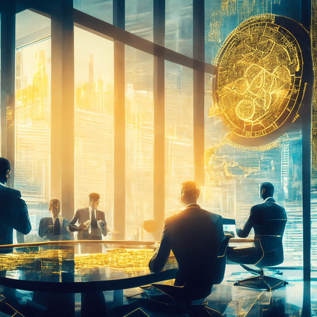 A bustling financial office, futuristic-style, bright golden light cascading through windows, intricate mosaic of Bitcoin and USDT symbols, diplomats pondering at a holographic table displaying fluctuating graphs, a balance scale with gold and US Treasuries, contrasting mood of confidence and skepticism.