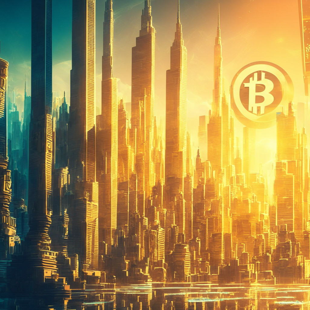 Intricate cityscape with futuristic financial district, golden sunlight casting long shadows, vivid colors reflecting the dynamic crypto market, stablecoin Tether prominently amidst swirling holograms of Bitcoin and emerging cryptocurrencies, optimistic and vibrant mood, elegant Baroque-meets-cyberpunk aesthetics.