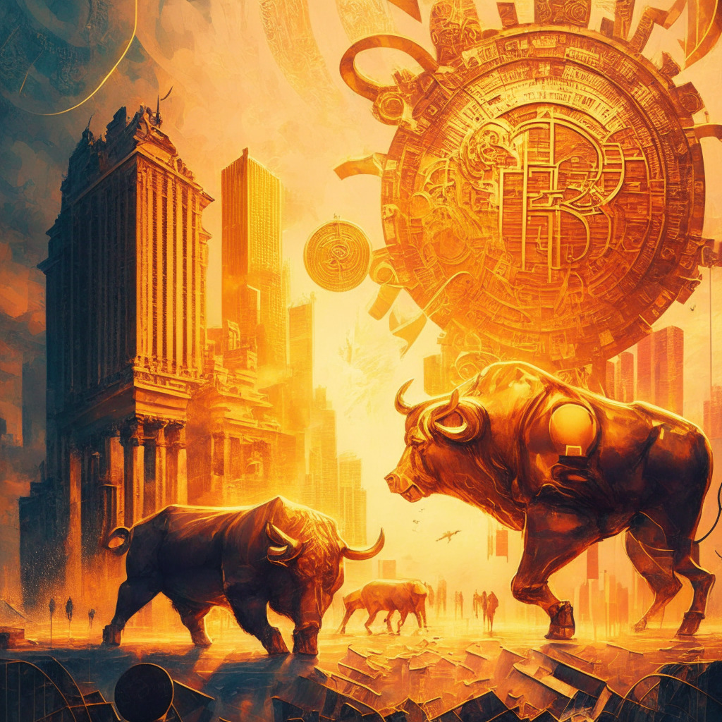 Intricate gears of finance, golden coins, a bull & bear dueling, abstract cityscape, Tether stablecoin & Bitcoin blending harmoniously, sunset light reflecting optimism, dynamic brushstrokes, a sense of financial resilience in a transformative future.
