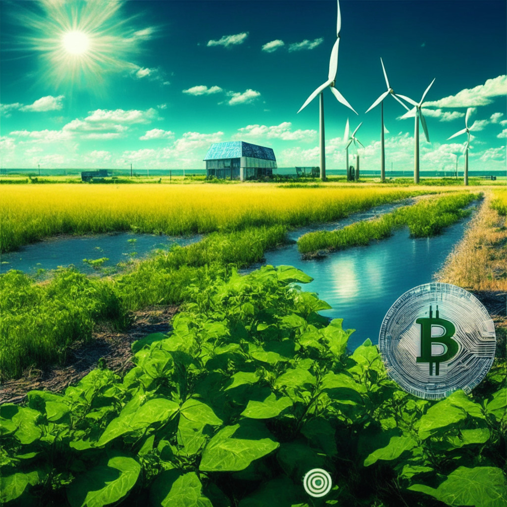 Uruguayan green energy landscape, Bitcoin mining operation, Tether's commitment to sustainability, wind and hydropower, glowing crypto network, nature thriving, serene sunlit ambiance, atmosphere of innovation, contrasting ecological debate, hints of advancing tech, harmonious coexistence, path towards greener crypto future.