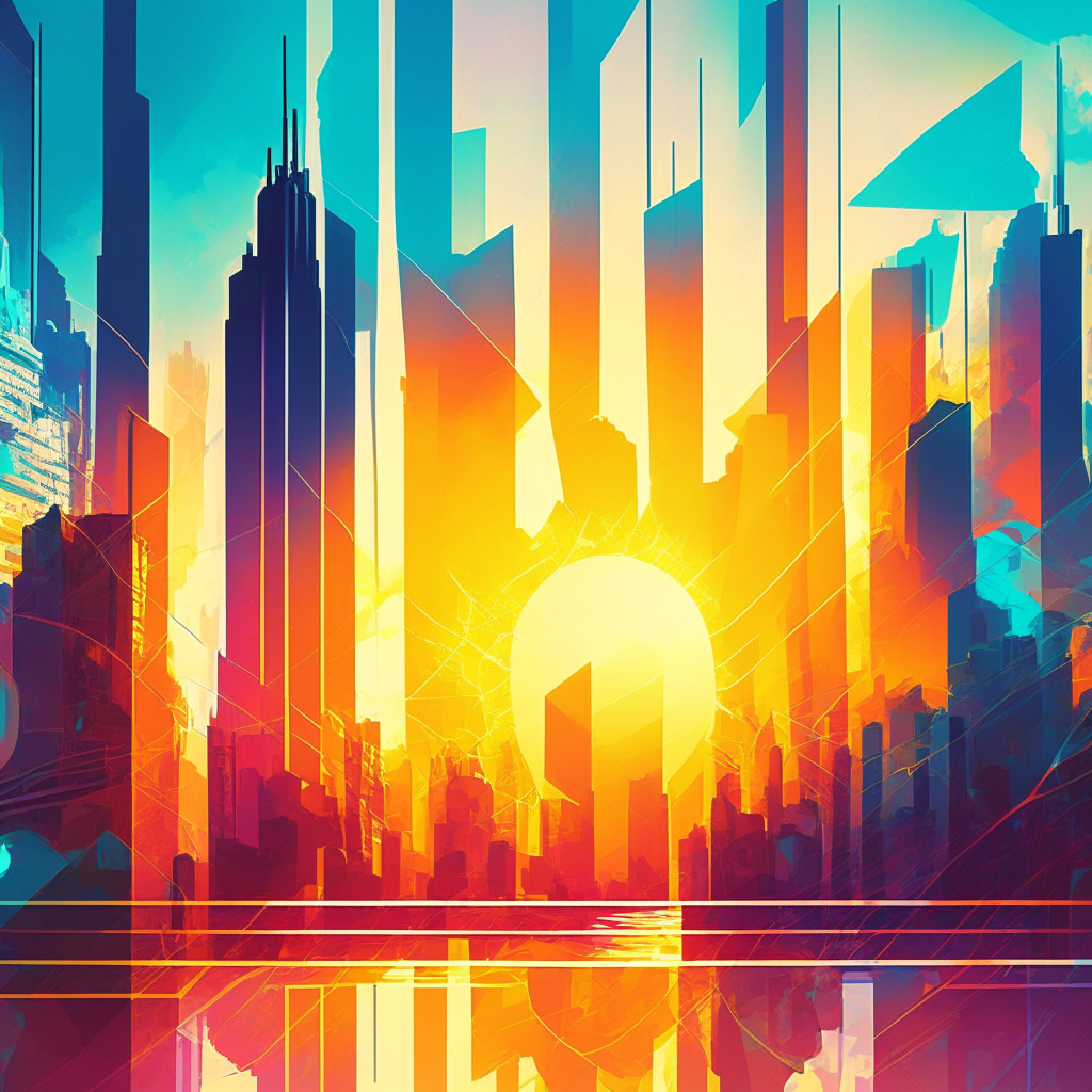 Futuristic financial cityscape, vibrant colors, cryptocurrency market recovery in the backdrop, sun rising, representing growth and trust, subtle reminders of past controversies with abstract art, shadows representing risks, soft light emphasizing cautious optimism, mood aimed at investor vigilance.
